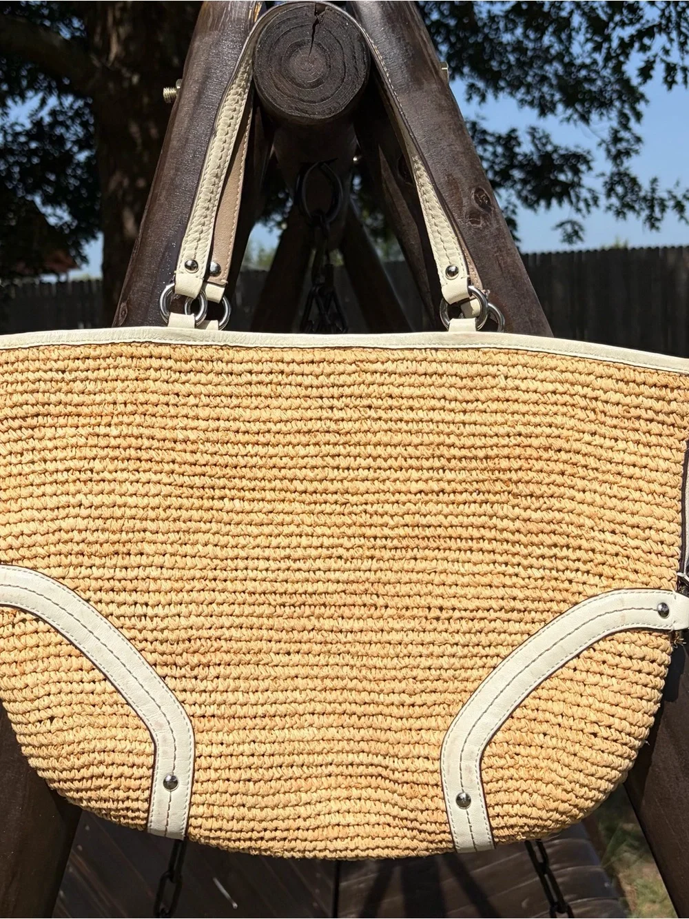 Coach Natural Straw Tote with Cream Leather Trim